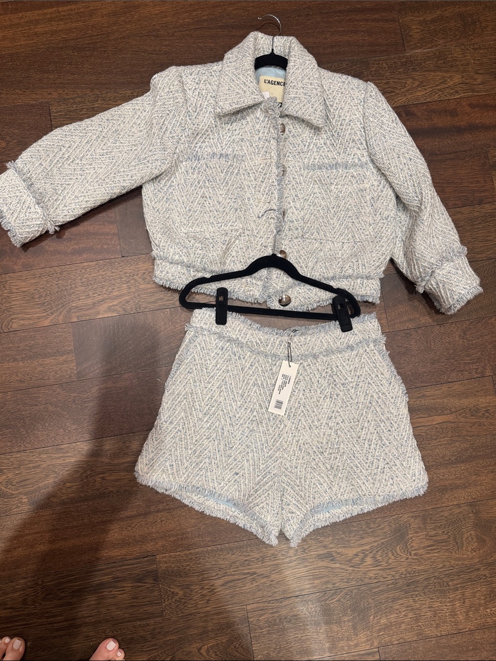 L'AGENCE blue and Cream Textured Tweed Cropped Blazer and short set